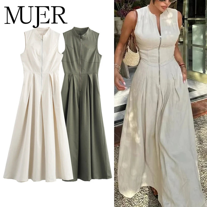 Zipper Long Pleated Bodycon Dress