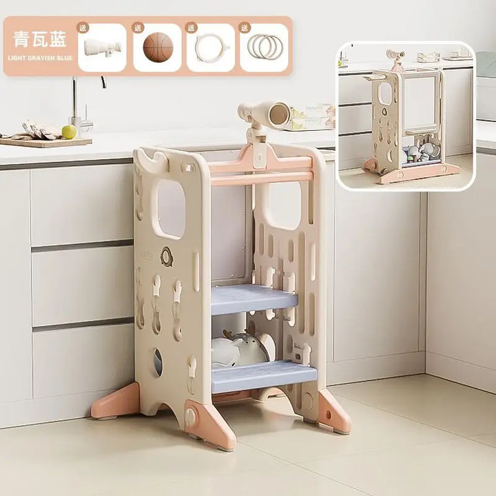 Montessori Kids Learning Tower – Foldable Kitchen Helper Step Stool with Storage
