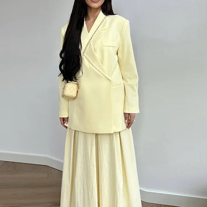 Women’s Casual Butter Yellow Cropped Blazer &amp; Coat Set
