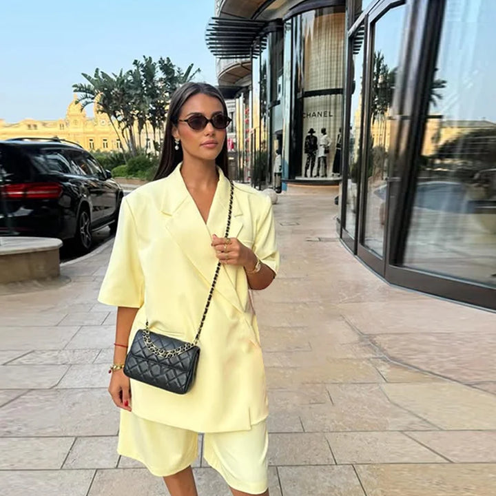 Women’s Casual Butter Yellow Cropped Blazer &amp; Coat Set