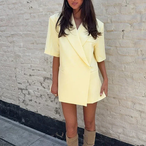 Women’s Casual Butter Yellow Cropped Blazer &amp; Coat Set