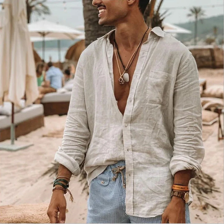 Men’s Long Sleeve Buttoned Cotton Linen Shirt