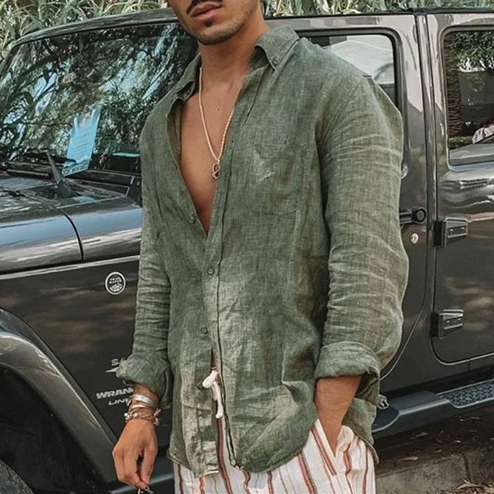 Men’s Long Sleeve Buttoned Cotton Linen Shirt