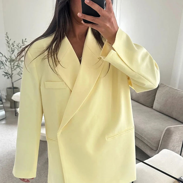 Women’s Casual Butter Yellow Cropped Blazer &amp; Coat Set
